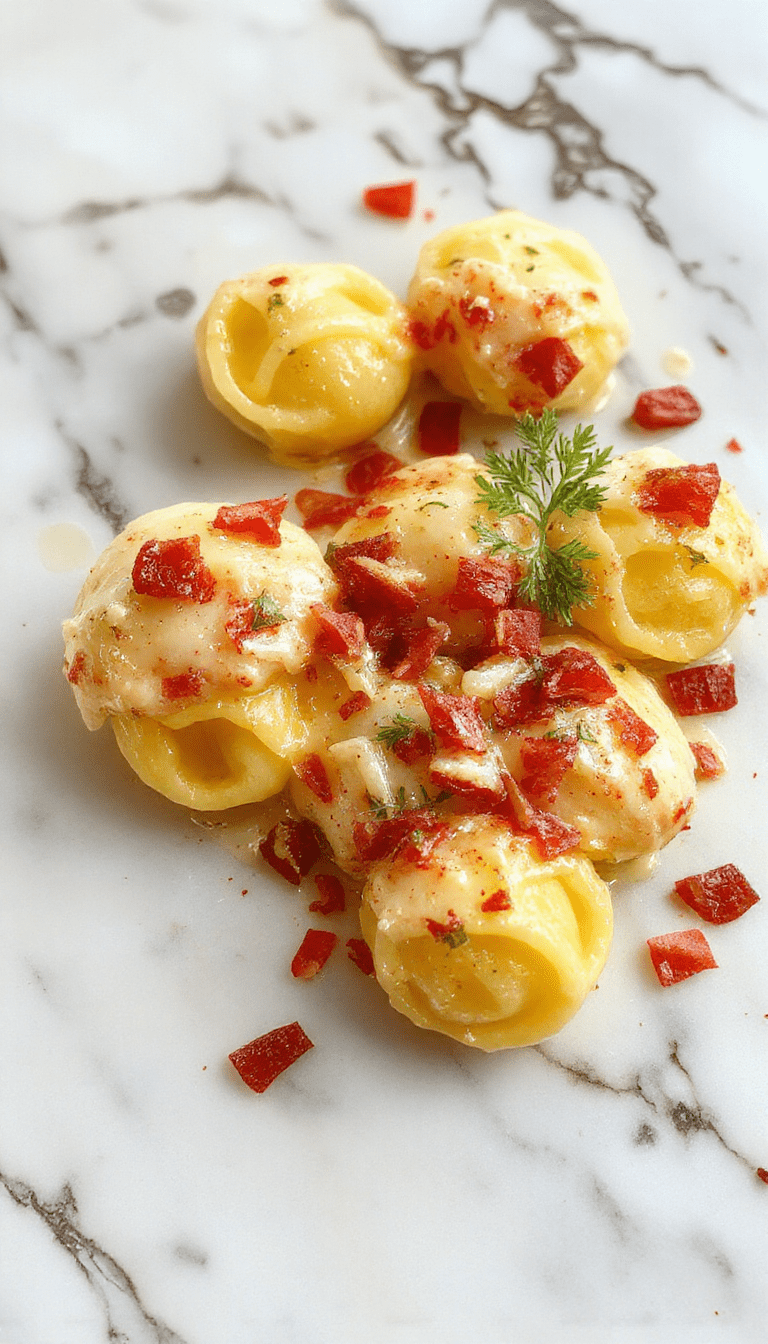 A vibrant plate of marry me tortellini featuring golden-brown, stuffed tortellini nestled in a luscious creamy sauce, garnished with fresh basil leaves, set on a rustic wooden table with a sprinkle of grated Parmesan, colorful cherry tomatoes, and a drizzle of olive oil for an inviting and elegant presentation.