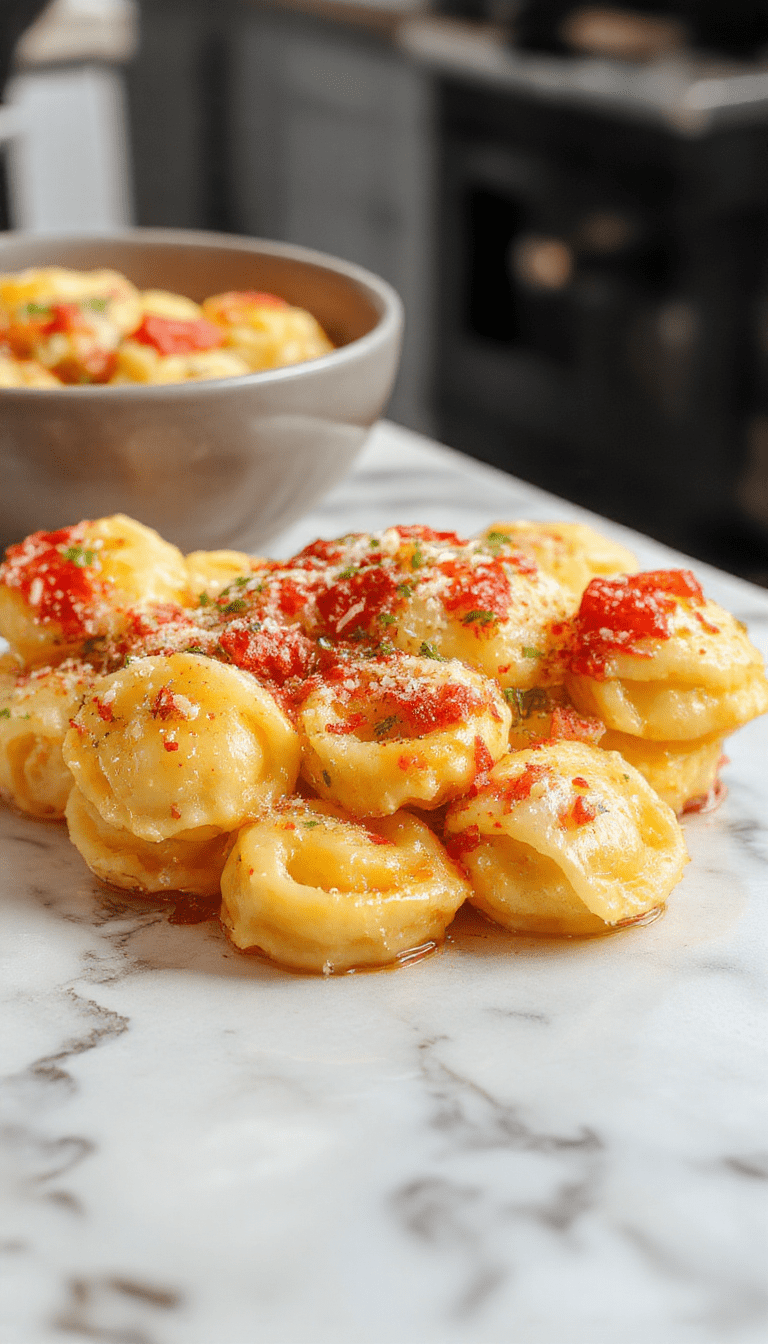 A vibrant plate of Marry Me Tortellini with golden-brown tortellini stuffed with cheese, drizzled with fresh basil pesto, and sprinkled with grated Parmesan, arranged on a rustic white dish with a colorful background of cherry tomatoes and garlic cloves.