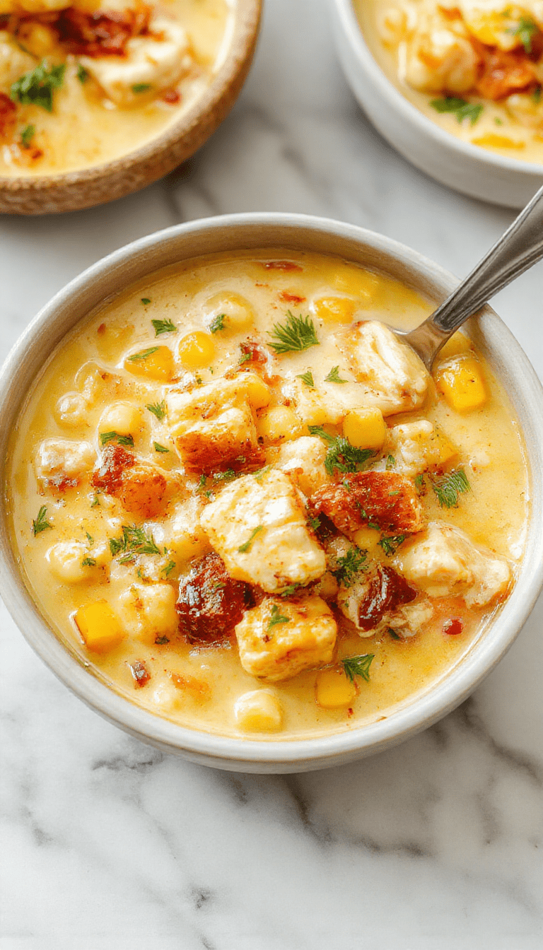 A steaming bowl of creamy chicken corn chowder topped with fresh chopped parsley and a sprinkle of black pepper, served in a rustic white ceramic bowl on a wooden table. The chowder reveals tender shredded chicken, sweet corn kernels, and smooth, velvety broth. Surrounding the bowl are slices of crusty bread, a small dish of butter, and a sprig of fresh thyme, with warm natural lighting highlighting the inviting, comforting textures and vibrant colors of the ingredients.