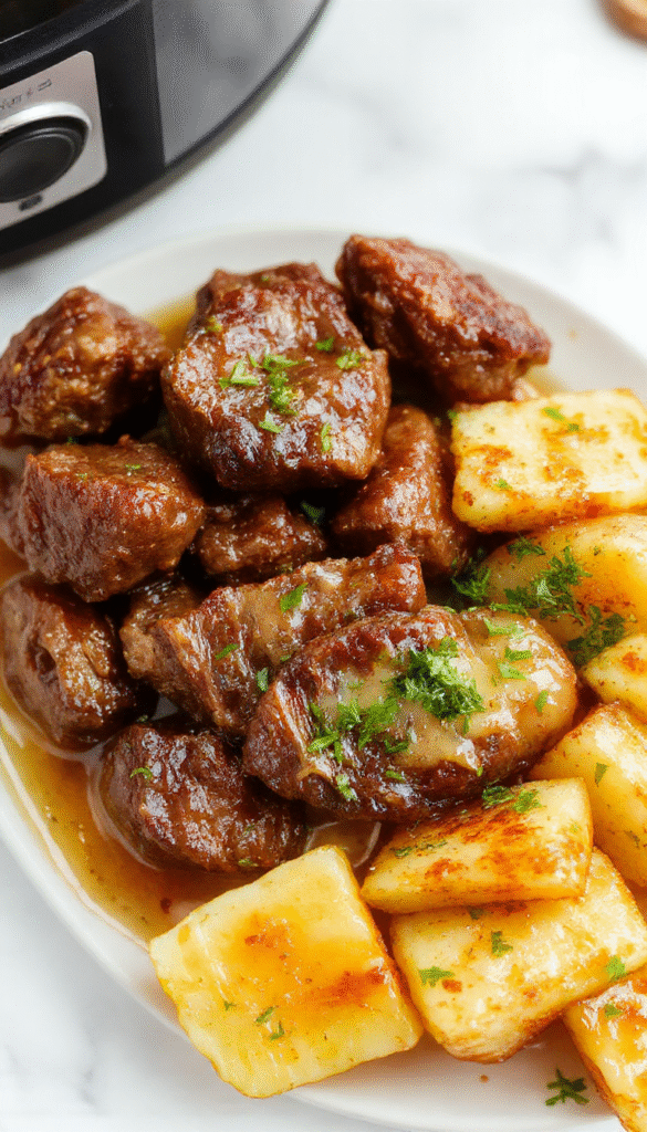 Colorful plate featuring tender beef bites coated in glossy garlic butter sauce, garnished with fresh parsley, served alongside golden roasted potatoes on a rustic wooden platter with vibrant greens in the background
