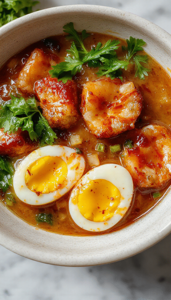 A vibrant ramen bowl featuring perfectly soft-boiled eggs with bright yellow yolks, green leafy vegetables, and plump dumplings in hot broth. The dish is beautifully plated with garnishes of sliced green onions and nori, showcasing rich textures and colorful ingredients against a rustic wooden table.