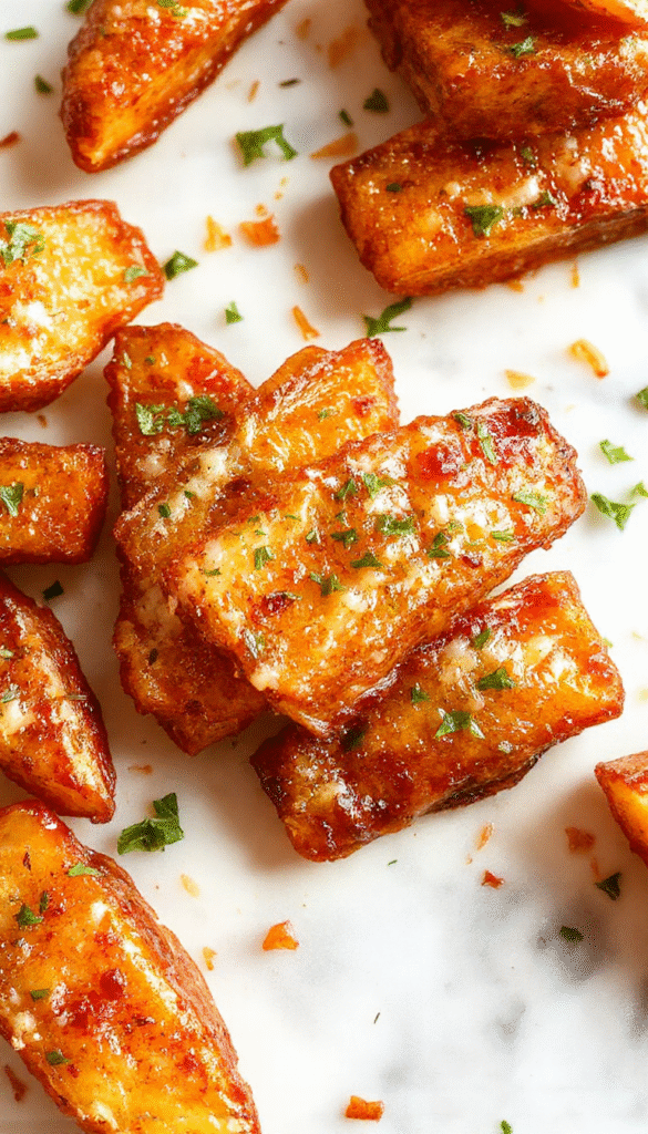 A vibrant plate of golden-brown garlic parmesan sweet potato wedges arranged neatly on a rustic wooden platter, garnished with freshly chopped parsley. The wedges have a crispy, textured exterior with specks of parmesan and minced garlic visible. The background features a blurred colorful kitchen setting with a hint of seasonings and fresh herbs, emphasizing a warm, inviting culinary presentation.