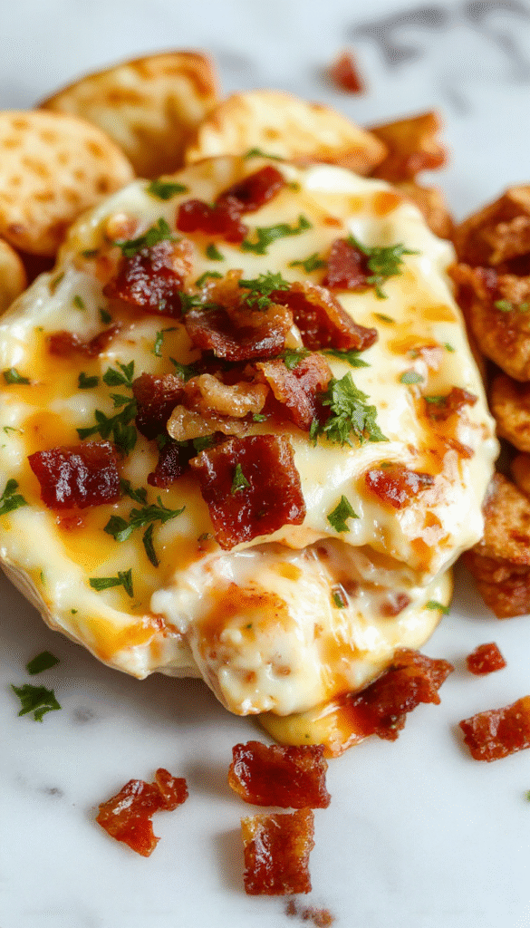 A creamy, golden-brown cheese dip topped with crispy bacon bits and drizzled with maple syrup, served in a rustic bowl with toasted bread slices and fresh herbs, vibrant colors emphasizing the rich textures and appetizing presentation