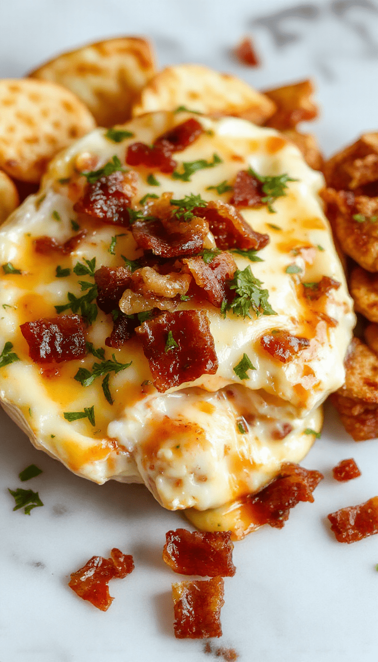 A creamy, golden-brown cheese dip topped with crispy bacon bits and drizzled with maple syrup, served in a rustic bowl with toasted bread slices and fresh herbs, vibrant colors emphasizing the rich textures and appetizing presentation