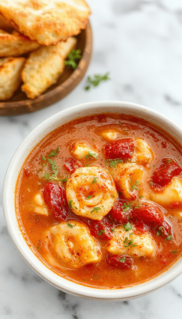 A vibrant bowl of tomato tortellini soup featuring red and orange hues from the rich tomato broth, plump tortellini floating on top, garnished with fresh basil and grated cheese, styled on a rustic wooden table with a spoon resting nearby.