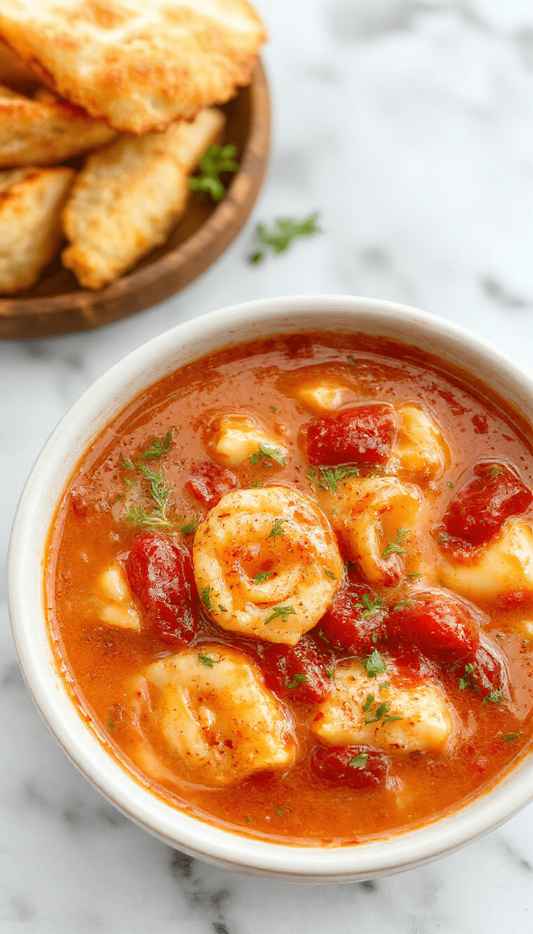 A vibrant bowl of tomato tortellini soup featuring red and orange hues from the rich tomato broth, plump tortellini floating on top, garnished with fresh basil and grated cheese, styled on a rustic wooden table with a spoon resting nearby.
