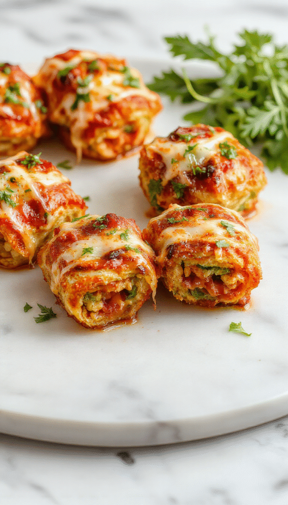 Colorful vegan pizza rolls arranged on a wooden platter with melted cheese, vibrant vegetables, and herbs, showcasing crispy golden exterior and cheesy fillings.