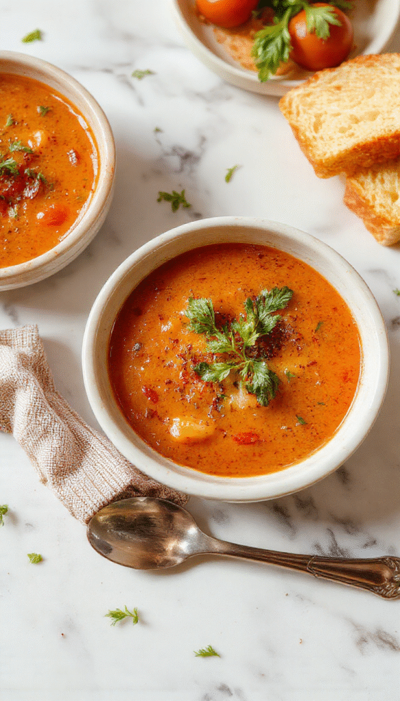 A vibrant bowl of roasted tomato soup garnished with fresh basil leaves, served with a drizzle of cream, surrounded by ripe tomatoes and garlic cloves on a rustic wooden table