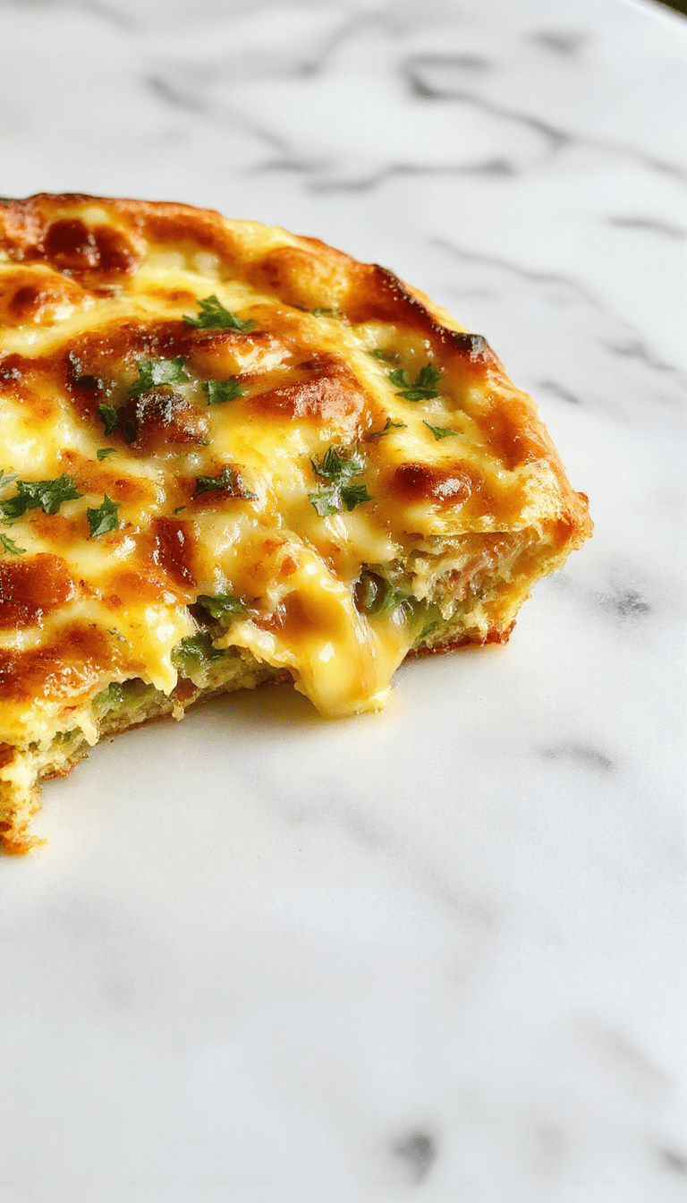 A vibrant, golden-brown breakfast quiche sliced open on a rustic white plate, revealing a fluffy, cheesy interior with visible spinach and ham bits. The quiche is garnished with fresh herbs, set against a cozy breakfast table with a cup of coffee and fresh orange slices, styled to showcase its flaky crust and creamy filling.