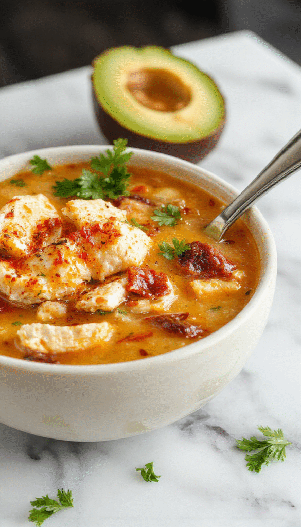 A vibrant bowl of chicken taco soup garnished with fresh cilantro, shredded cheese, and slices of lime, served on a rustic wooden table with colorful ingredients like tomatoes, beans, and corn around it.