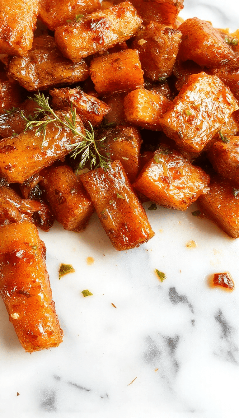 A vibrant plate of glazed carrots in a warm amber hue, garnished with fresh herbs on a rustic wooden surface, showcasing their tender texture and glossy maple brown sugar coating, styled with elegant minimalism.