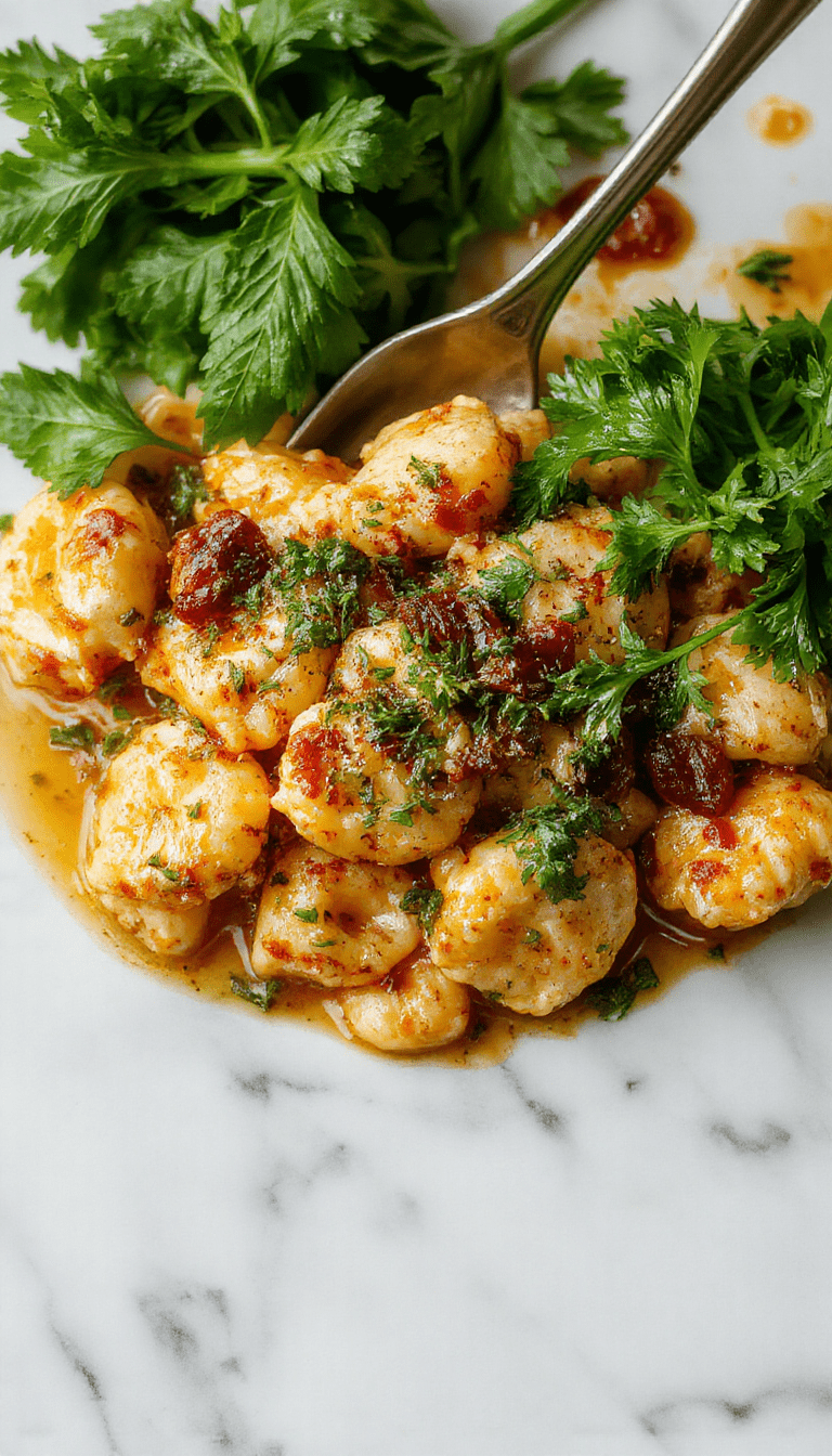 A vibrant bowl of spicy garlic butter chicken tortellini displayed on a rustic wooden table. The dish features golden-brown chicken pieces and plump tortellini coated in a glossy, spicy garlic butter sauce. Fresh chopped parsley and red pepper flakes sprinkled on top add a pop of color. The setting includes a fork twirling pasta, with a backdrop of herbs and a creamy sauce drizzled over the dish, styled to look appetizing and inviting.