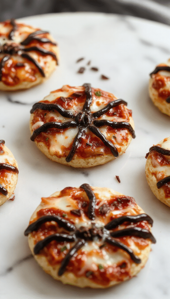 Colorful Halloween mini pizzas arranged on a dark slate platter with playful spooky toppings like pepperoni eyes, black olive mouths, and vibrant orange bell peppers, styled with Halloween themed decorations and a dark festive background.
