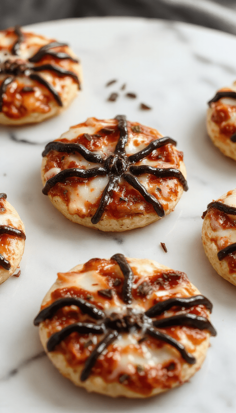 Colorful Halloween mini pizzas arranged on a dark slate platter with playful spooky toppings like pepperoni eyes, black olive mouths, and vibrant orange bell peppers, styled with Halloween themed decorations and a dark festive background.