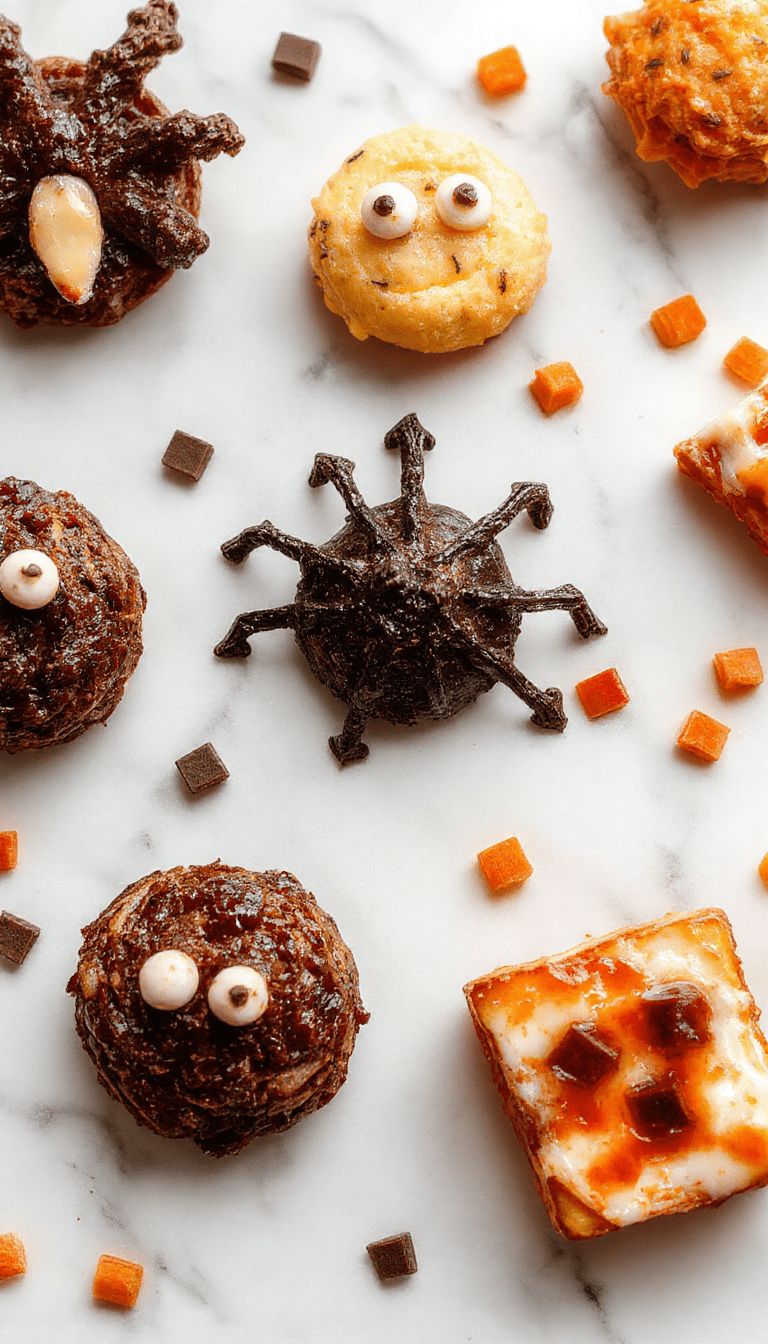 A vibrant Halloween-themed platter featuring creepy-cute finger foods, colorful candies, and themed treats decorated with ghosts, pumpkins, and bats, presented on a black and orange tablecloth with spooky props in the background