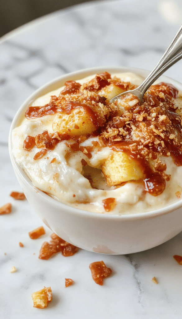 A close-up shot of a creamy, caramel-colored apple toffee dip served in a clear glass bowl, topped with crunchy toffee bits and fresh apple slices around the border, set on a rustic wooden platter with a background of scattered toffee pieces and apple slices, evoking a warm, inviting dessert presentation.
