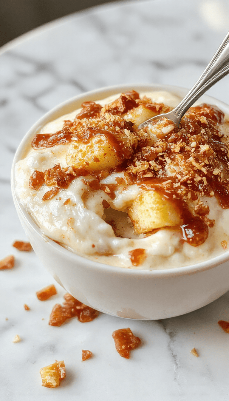 A close-up shot of a creamy, caramel-colored apple toffee dip served in a clear glass bowl, topped with crunchy toffee bits and fresh apple slices around the border, set on a rustic wooden platter with a background of scattered toffee pieces and apple slices, evoking a warm, inviting dessert presentation.