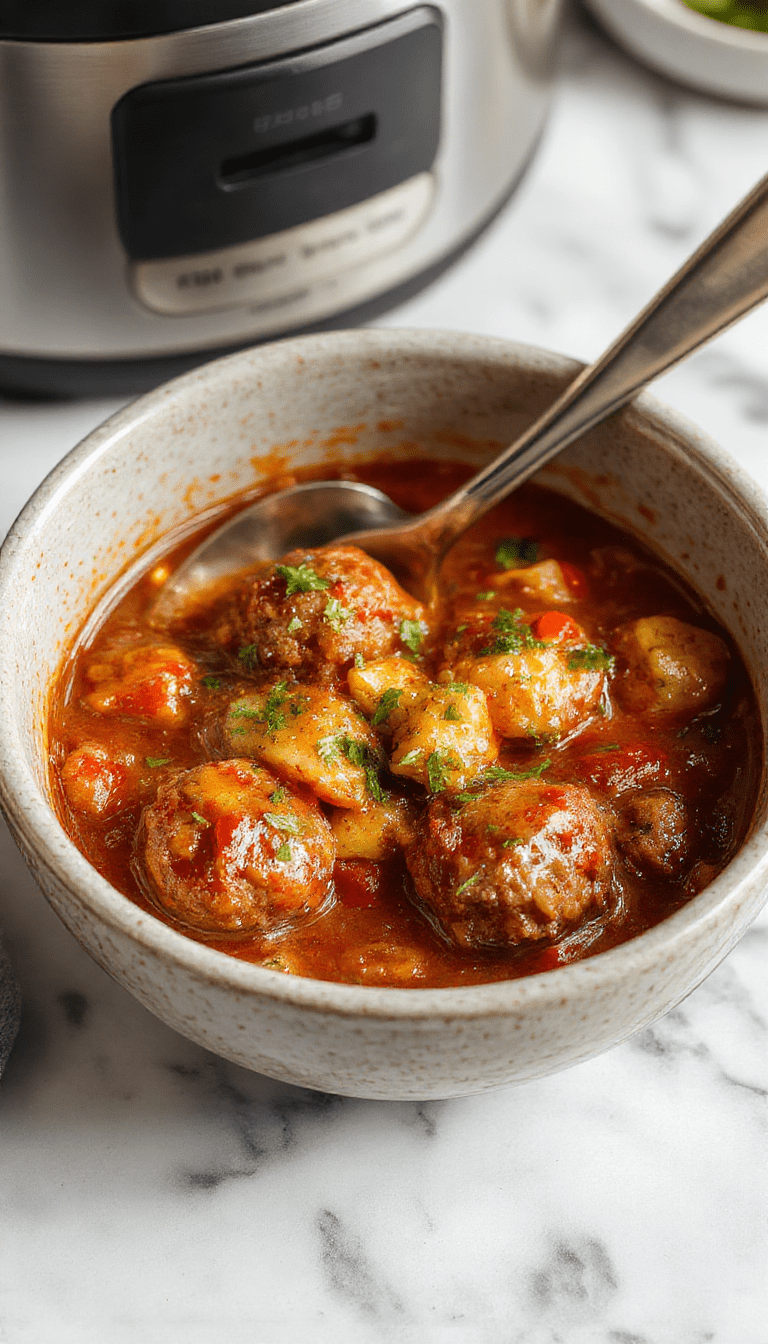Colorful plate of tender meatballs glazed with glossy sweet chili sauce, garnished with sliced green onions and red chili flakes, arranged neatly on a white ceramic dish with a rustic wooden background.
