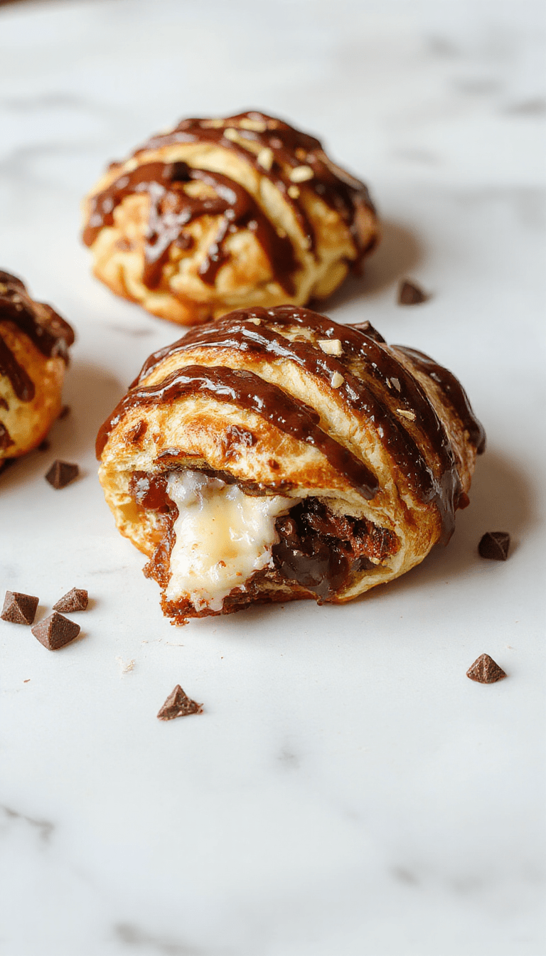 A colorful breakfast scene featuring a golden-brown chocolate croissant breakfast bake topped with powdered sugar and fresh berries on a rustic wooden table, garnished with mint leaves. The dish displays flaky croissant layers with melting chocolate inside, sliced and served in a white ceramic dish with a side of whipped cream and a steaming cup of coffee.