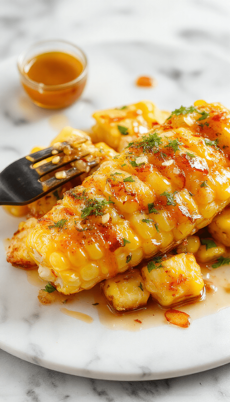 Colorful skillet filled with golden yellow corn kernels topped with a glossy honey butter glaze, garnished with fresh herbs, served on a rustic wooden table with a spoon