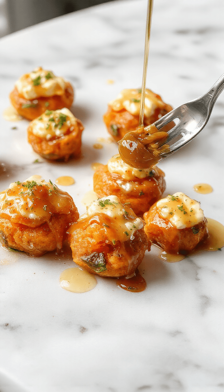 Colorful platters of roasted sweet potato rounds topped with crumbled feta cheese, drizzled with golden honey, garnished with fresh herbs. The sweet potatoes are perfectly caramelized with crispy edges, contrasting the creamy feta and glossy honey. The presentation is inviting with vibrant orange and white hues, styled on rustic wooden boards with a sprinkle of greens.