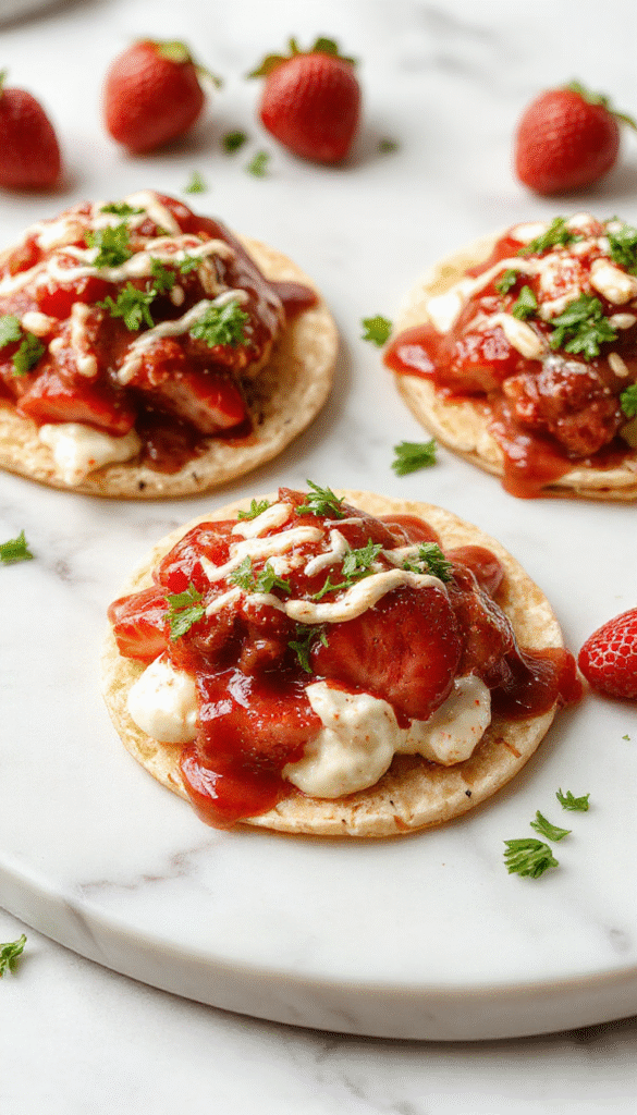 A vibrant plate showcasing three golden-brown taco shells filled with creamy cheesecake layers topped with fresh, sliced strawberries and crunchy cereal crumbs, garnished with mint leaves, against a clean, bright background with scattered strawberries and a drizzle of strawberry syrup.
