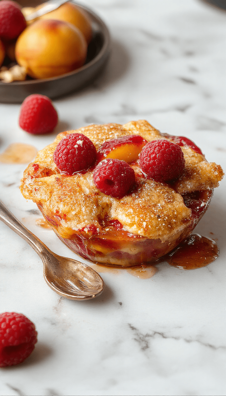 A vibrant bowl of peach and raspberry cobbler showcasing golden crust bubbling around fresh, glossy peaches and bright red raspberries, garnished with mint leaves.
