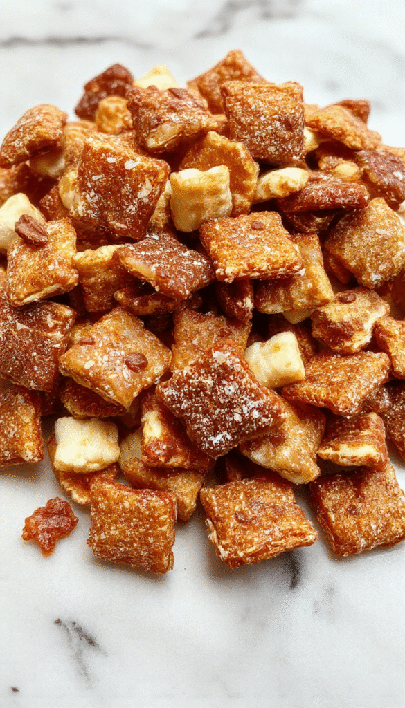 A close-up image of a golden-brown Chex mix coated with glossy caramel and chunks of melted toffee, sprinkled with crushed nuts and sea salt, presented on a rustic wooden tray, with a flaky texture and vibrant golden hue, styled to showcase its crunchy and sticky appeal.
