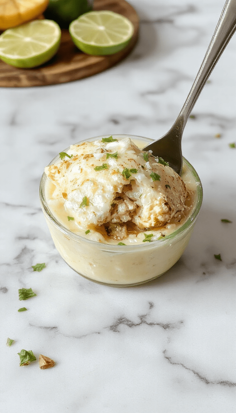 A vibrant plate featuring shredded chicken coated in a glossy coconut lime sauce, garnished with fresh lime slices and cilantro. The dish sits on a wooden table with a colorful tropical-inspired backdrop, highlighting textures of juicy chicken contrasted with creamy coconut and zesty lime accents.