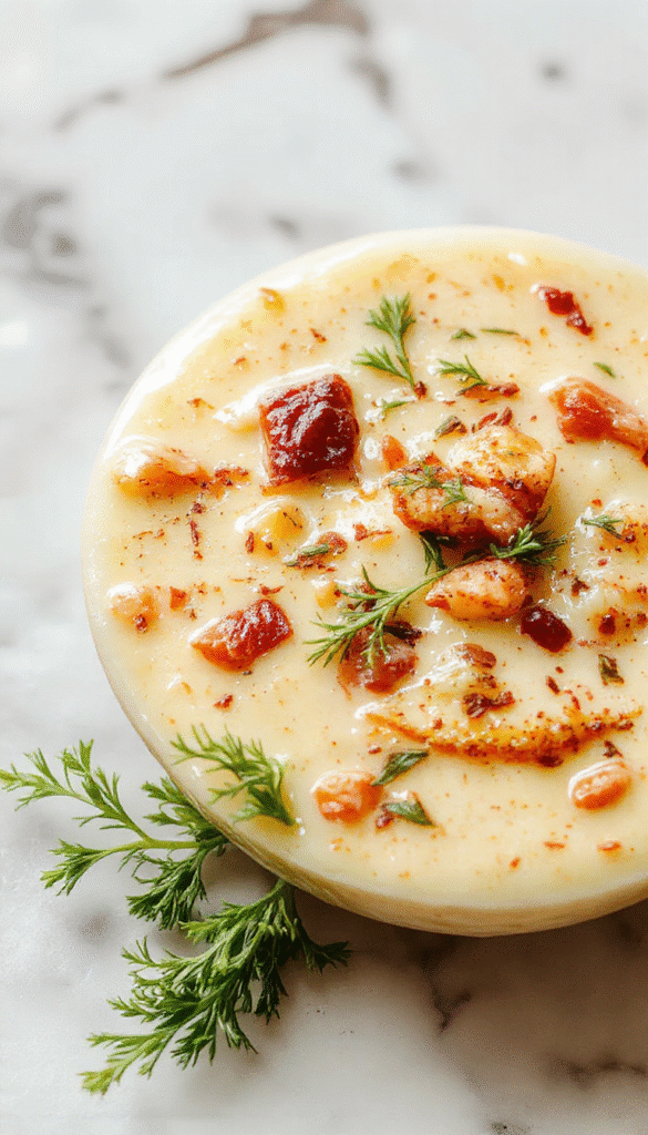 A creamy Tuscan Parmesan soup served in a white bowl, topped with freshly grated parmesan cheese and chopped herbs, with a rustic wooden table background and a spoon resting beside the bowl, showcasing the smooth texture and golden color of the soup.