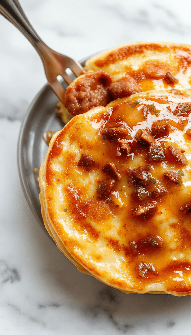 A golden brown sausage and pancake casserole sliced into squares, topped with fresh herbs and melted cheese, served on a rustic white plate with a side of fresh fruit, vibrant colors, crispy edges, and a spoon resting beside it