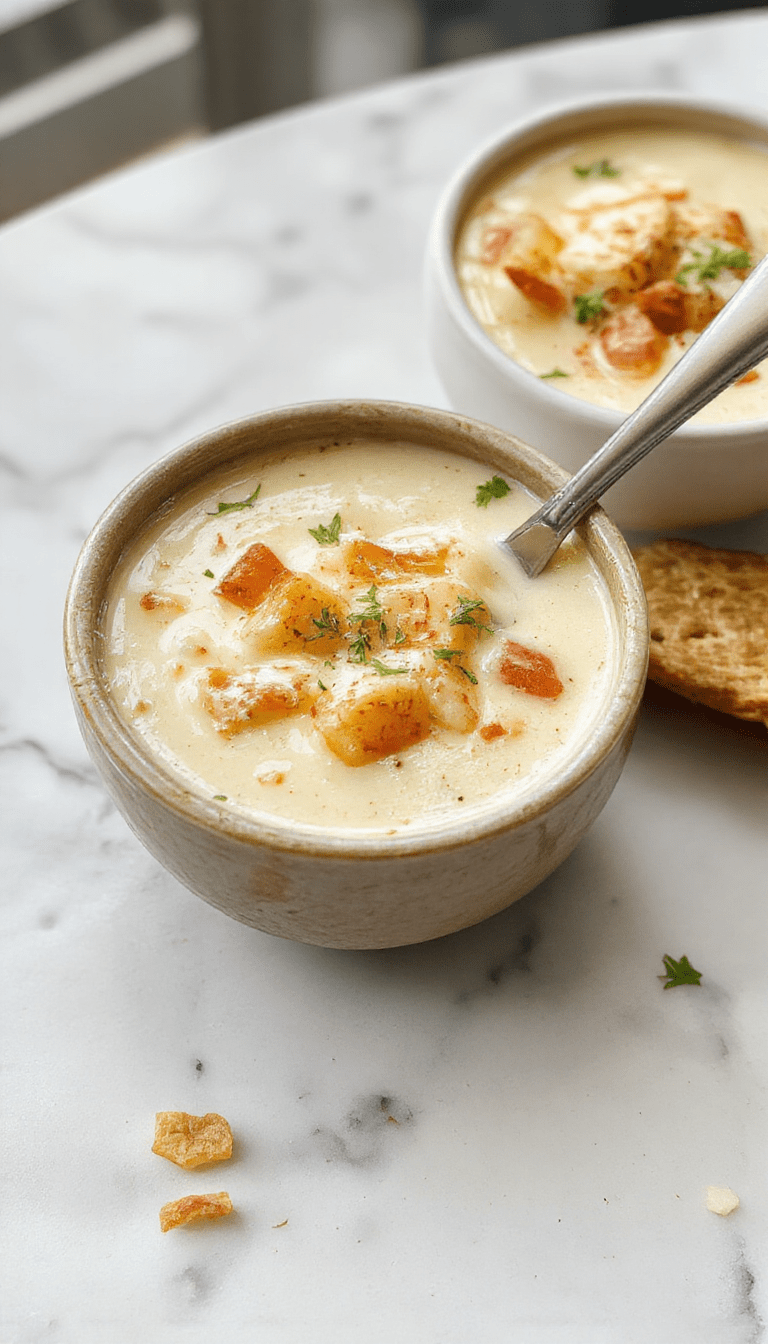 A bowl of rich, creamy loaded baked potato soup topped with shredded cheese, crispy bacon bits, chopped green onions, and a dollop of sour cream. The vibrant yellow and brown tones highlight the melt-in-your-mouth cheese and crispy bacon against the smooth, velvety soup background, beautifully styled on a rustic wooden plate with fresh herbs garnishing.