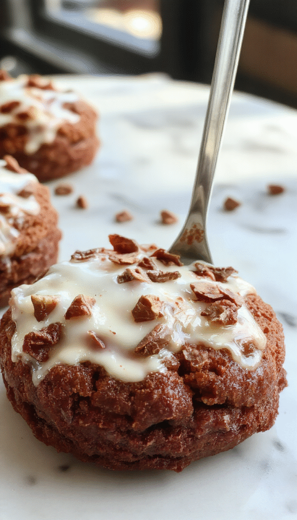 A tempting close-up of a layered brookies dessert with a glossy chocolate fudge top, golden-brown chewy edges, and a rich brownie base, styled on a rustic wooden board with scattered chocolate chips and a dusting of powdered sugar.