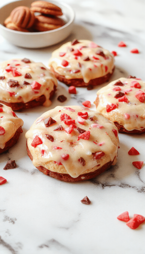 Close-up of glossy chocolate ganache filling overflowing from soft, freshly baked cookies with a smooth, shiny surface, decorated with tiny heart-shaped sprinkles on a rustic wooden table, pastel pink and red accents surrounding the treats