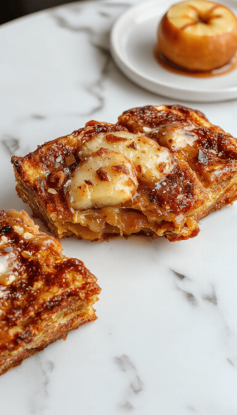 A golden-brown baked French toast casserole topped with caramelized apple slices and a dusting of cinnamon, served in a rustic white dish with powdered sugar and fresh greenery for elegance.
