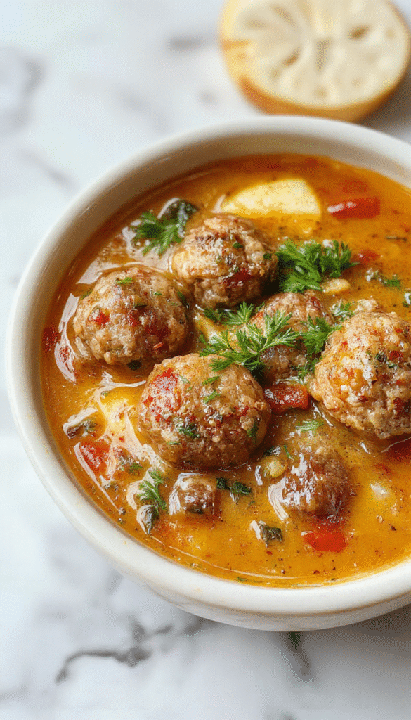 A warm bowl of Swedish meatball soup featuring golden-brown meatballs nestled in a creamy, herb-infused broth garnished with fresh parsley. The soup is served in a rustic white bowl on a wooden table, with a side of crusty bread and a sprinkle of chopped herbs, highlighting its hearty textures and inviting presentation.