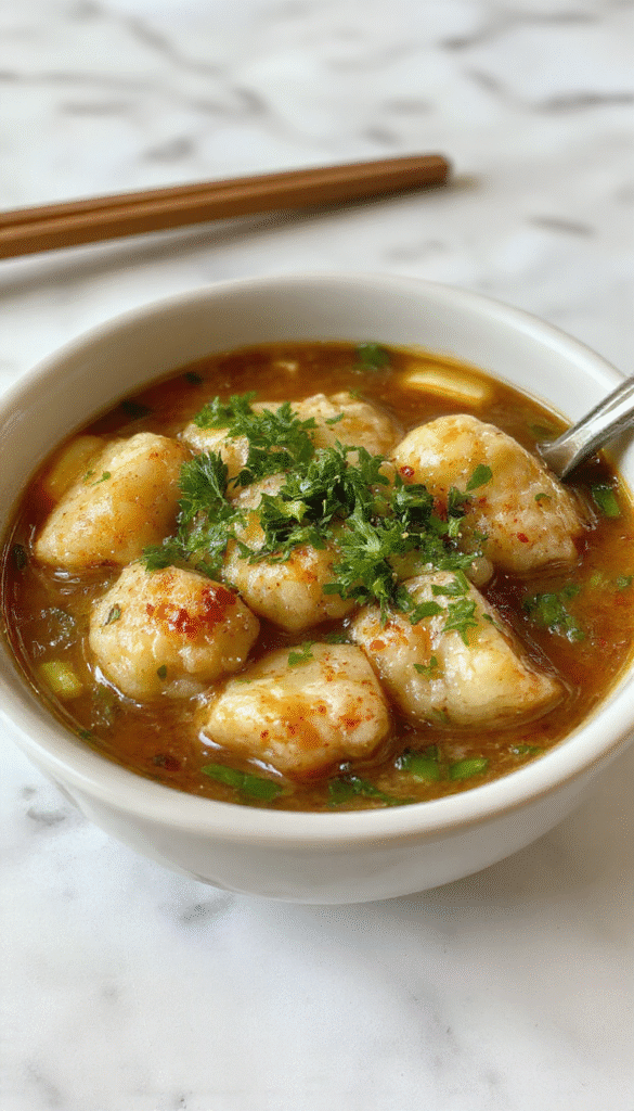 A vibrant bowl of potsticker soup featuring golden brown dumplings floating in a clear broth with chopped green onions, sliced carrots, and leafy cilantro on top, styled in a white ceramic bowl on a rustic wooden table with chopsticks beside it, captured in warm natural light emphasizing textures and colors