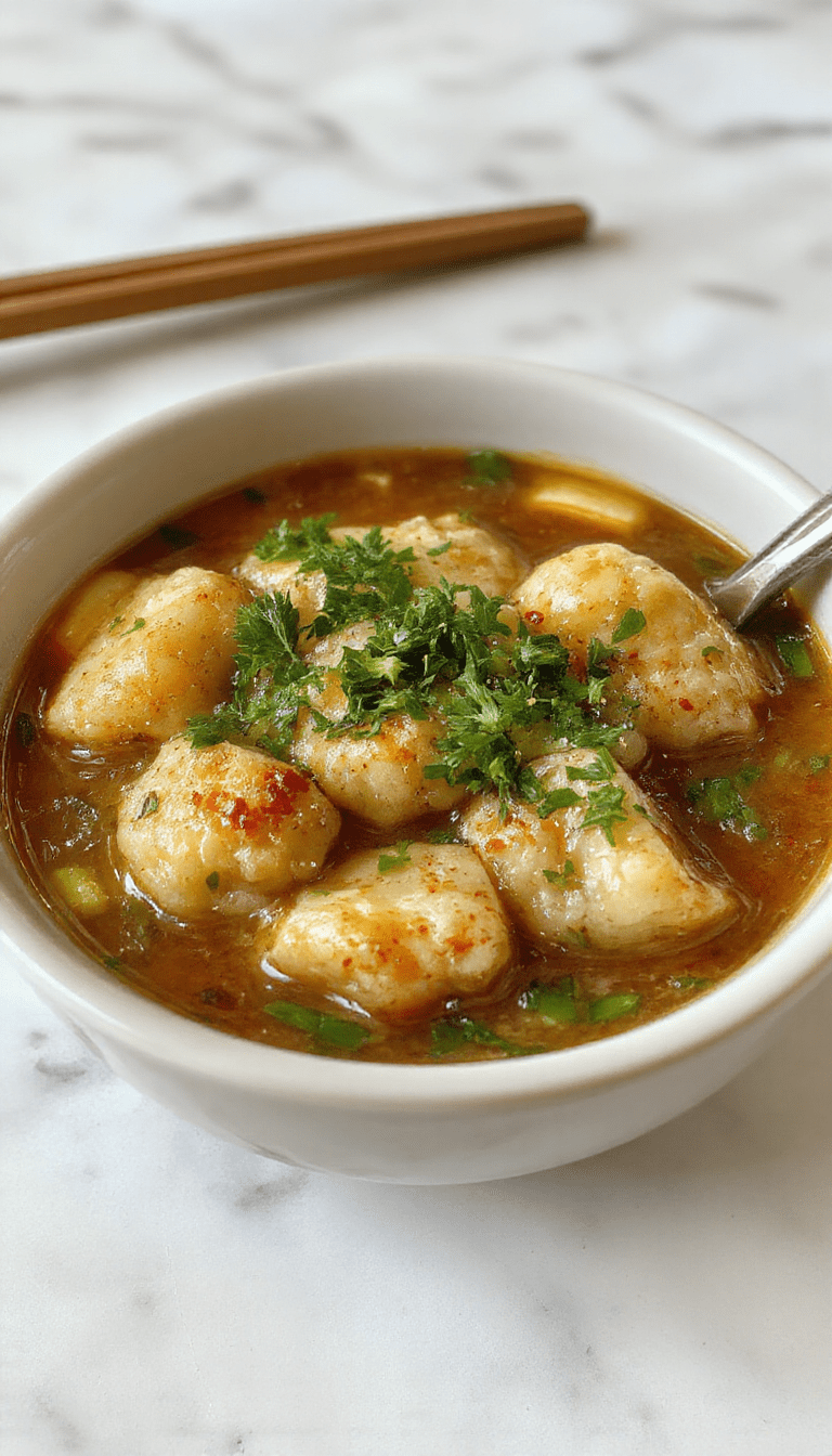 A vibrant bowl of potsticker soup featuring golden brown dumplings floating in a clear broth with chopped green onions, sliced carrots, and leafy cilantro on top, styled in a white ceramic bowl on a rustic wooden table with chopsticks beside it, captured in warm natural light emphasizing textures and colors