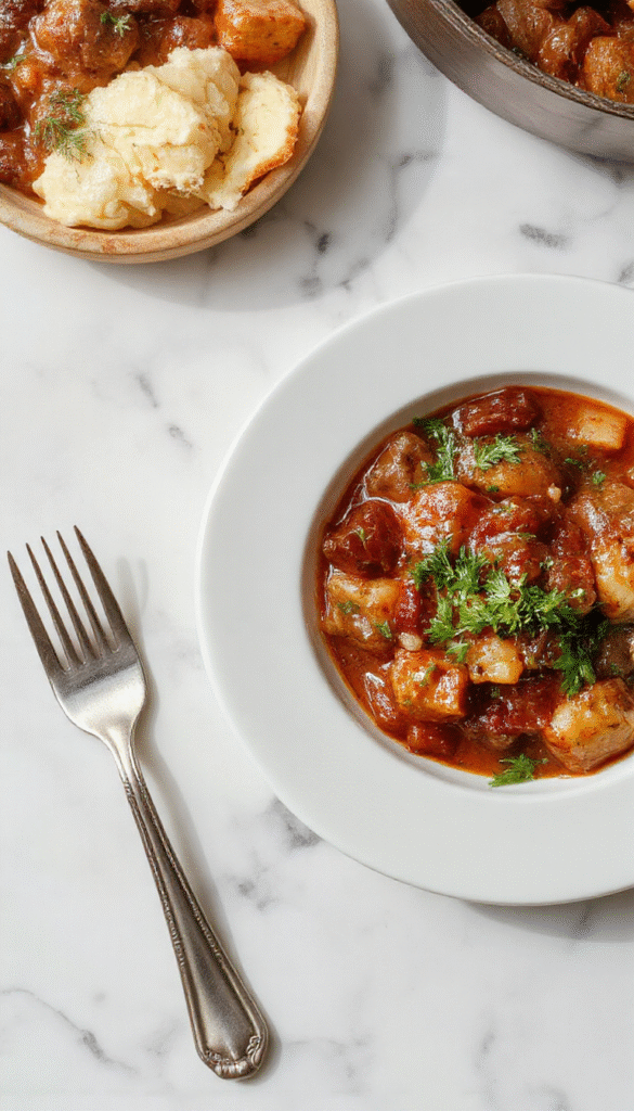 A steaming bowl of hearty German Goulash with tender chunks of beef, vibrant red paprika sauce, garnished with fresh herbs, served alongside rustic bread on a wooden table.