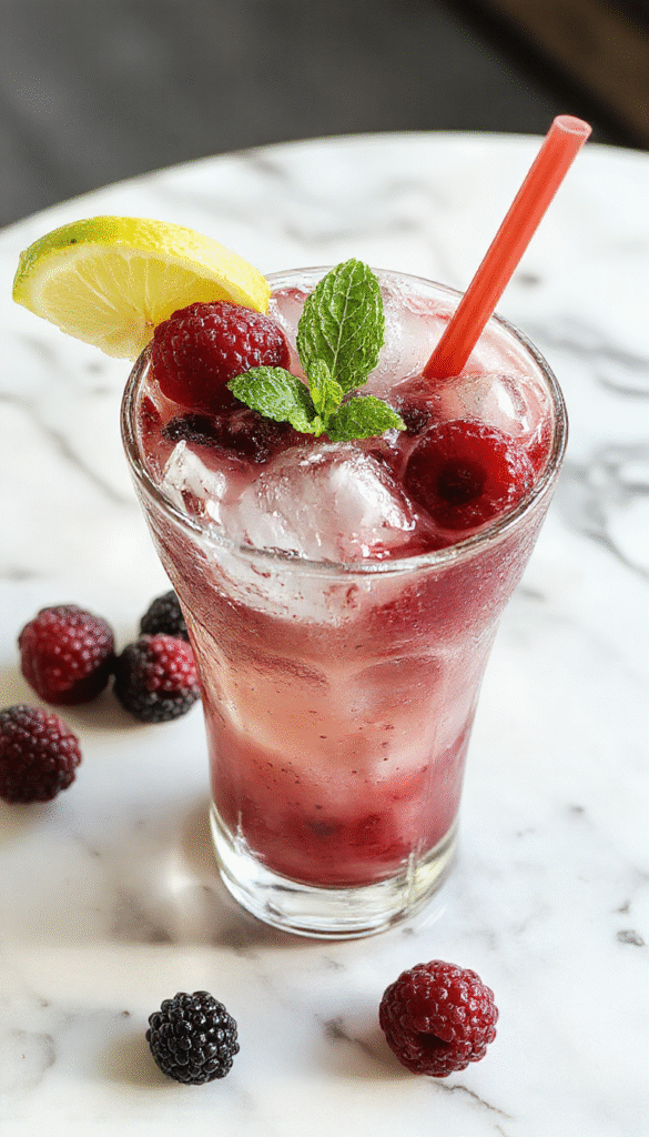 A vibrant cocktail glass filled with a deep purple blackberry margarita smash, garnished with fresh blackberries and a sprig of mint on a colorful wooden table, with a salted rim and condensation on the glass showcasing its refreshing appeal.