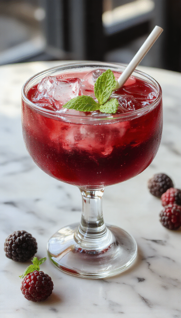 A vibrant Blackberry Rum Cocktail The Raven served in a elegant glass garnished with fresh blackberries and a sprig of mint, with a deep purple hue, textured with condensation on the glass, styled on a dark wooden surface with scattered blackberries around.