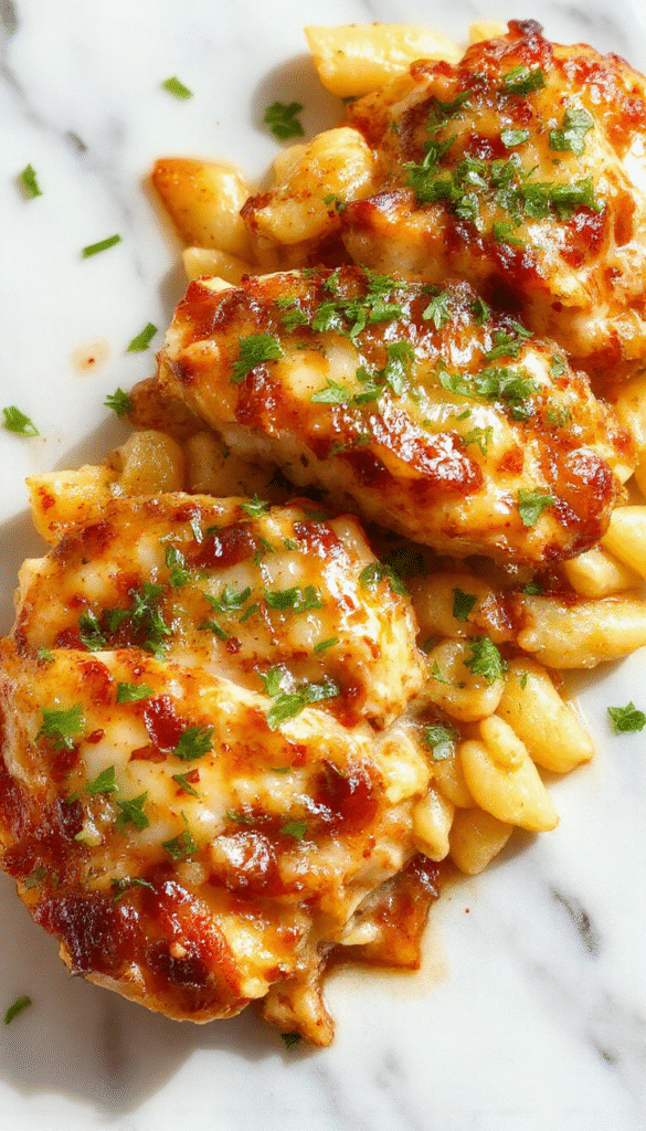 A colorful casserole dish topped with melted golden-brown cheese and caramelized onion slices, with tender chicken pieces and orzo pasta arranged beautifully on a white plate, garnished with fresh herbs, styled on a rustic wooden table with a cozy kitchen background.