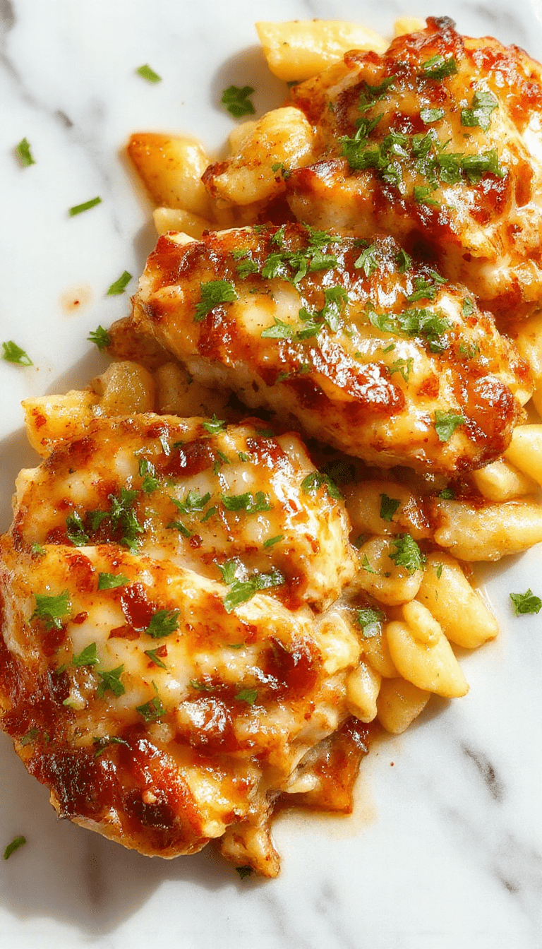 A colorful casserole dish topped with melted golden-brown cheese and caramelized onion slices, with tender chicken pieces and orzo pasta arranged beautifully on a white plate, garnished with fresh herbs, styled on a rustic wooden table with a cozy kitchen background.