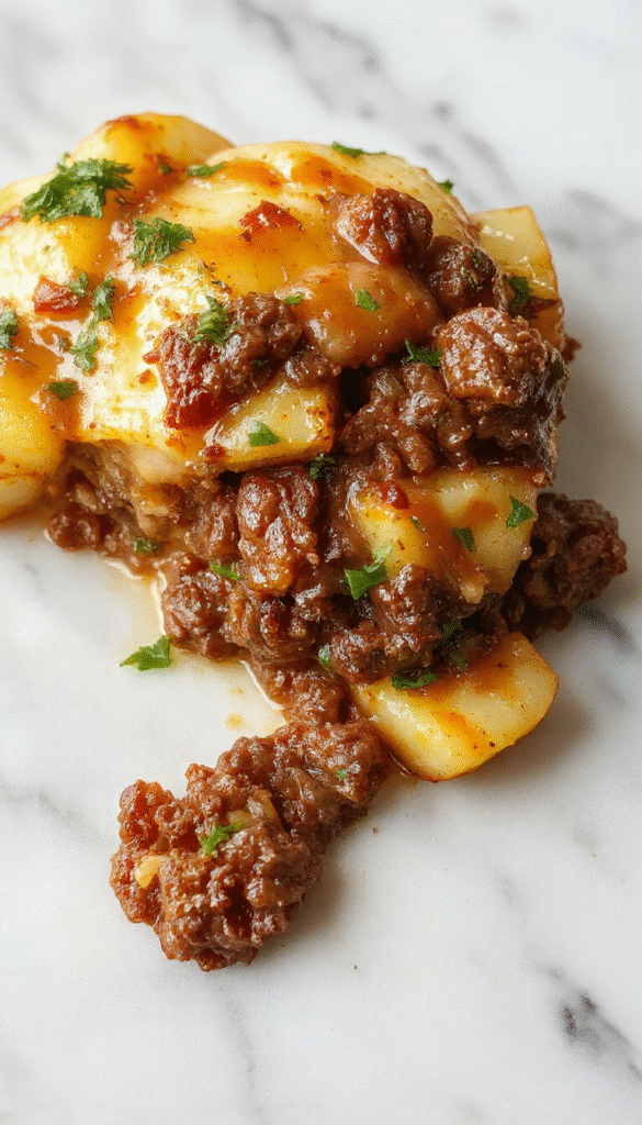 A colorful baked casserole featuring golden-brown crispy potatoes, melted cheese bubbling on top, ground beef seasoned with herbs, garnished with chopped parsley, served in a rustic white dish on a wooden table with a side of fresh vegetables.