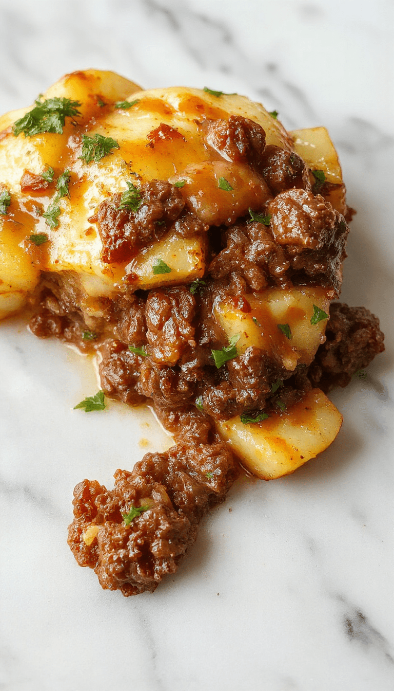 A colorful baked casserole featuring golden-brown crispy potatoes, melted cheese bubbling on top, ground beef seasoned with herbs, garnished with chopped parsley, served in a rustic white dish on a wooden table with a side of fresh vegetables.