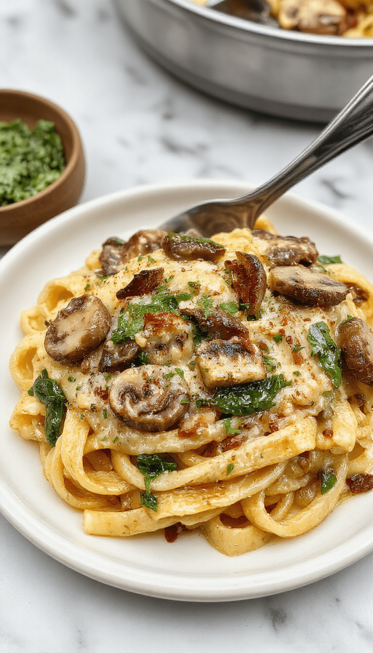 A vibrant skillet dish featuring a creamy pasta base topped with sautéed spinach and mushrooms, sprinkled generously with grated parmesan cheese, with a golden-brown crust around the edges, garnished with fresh herbs, and served on a rustic wooden table.