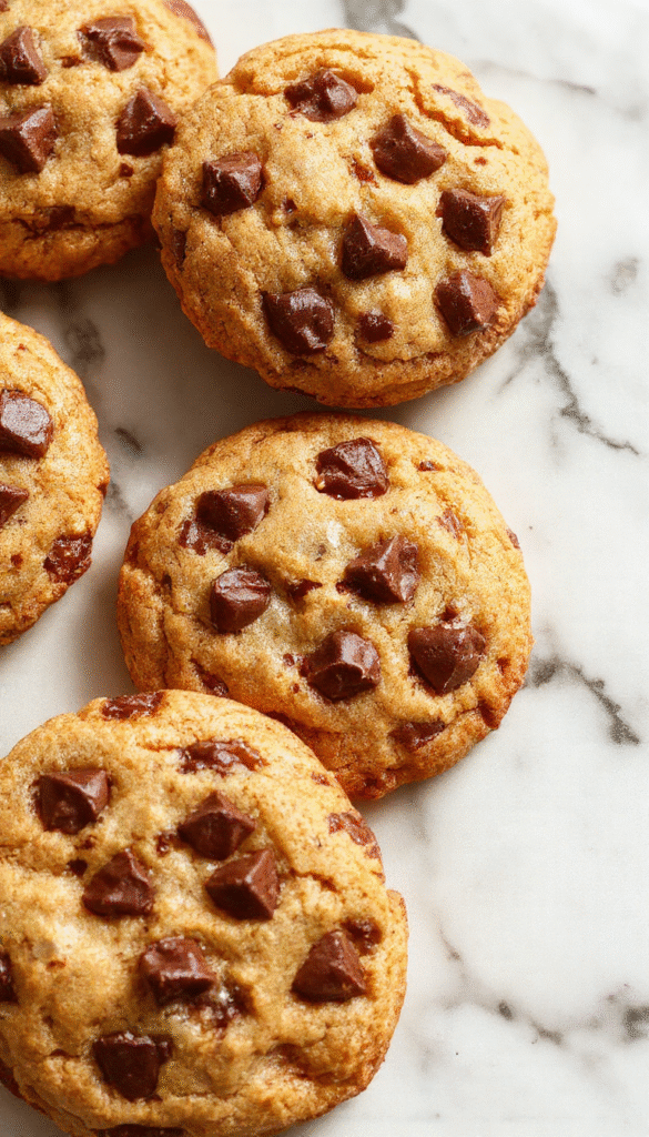 A close-up of freshly baked chewy chocolate chip cookies on a rustic wooden tray, showcasing golden-brown edges, gooey chocolate chips, and a slightly cracked surface, with a few cookies stacked and some broken open revealing soft, chewy centers. The background features a cozy kitchen setting with soft natural lighting highlighting the inviting texture and rich chocolate inside.