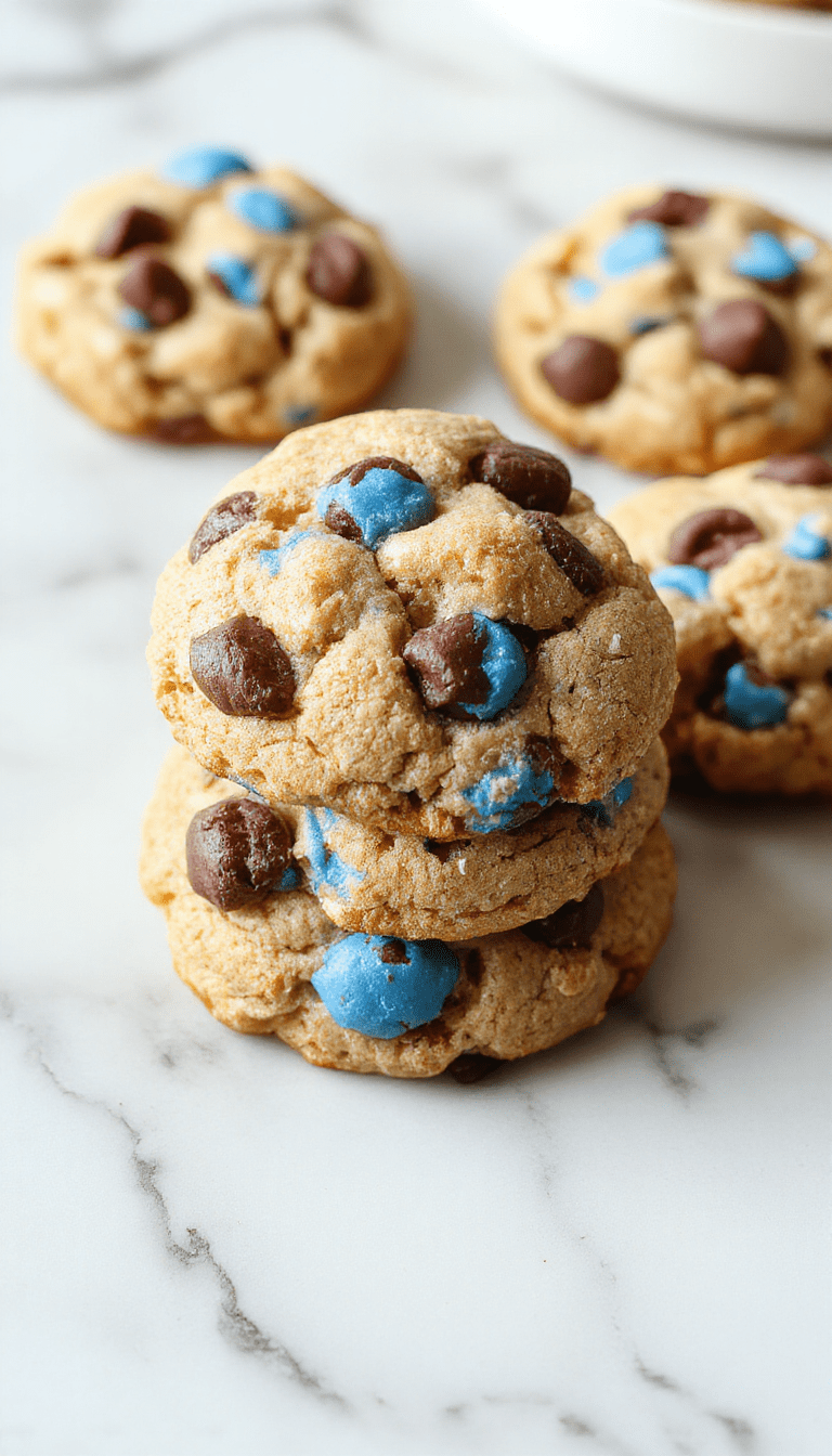 Colorful cookie monster cookies with vibrant blue frosting shaped like cookie monsters, iced with expressive eyes and playful smiles, displayed on a rustic wooden tray with sprinkles and chocolate chips scattered around, showcasing their fluffy and chewy texture.