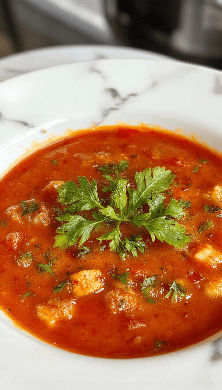 A vibrant bowl of homemade tomato soup garnished with fresh basil leaves, served on a rustic wooden table. The soup has a rich red color with a smooth, slightly creamy texture. The presentation includes a side of crusty bread, with sunlight casting warm shadows, emphasizing the fresh ingredients and inviting atmosphere.