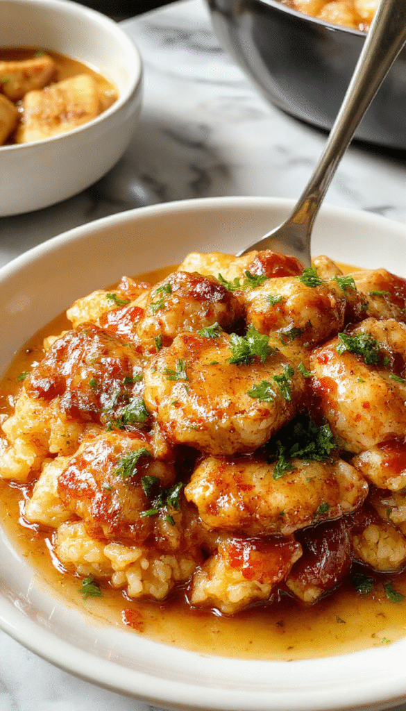 A rustic ceramic plate featuring tender shredded chicken smothered in a creamy gravy, topped with fresh herbs, served alongside fluffy seasoned rice, with a warm, inviting background showing a cozy dining setting with soft lighting.